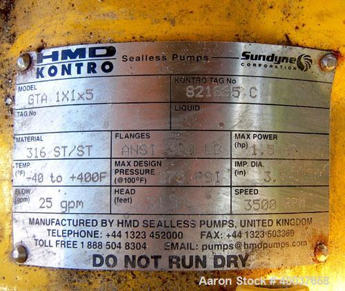 Used Kontro Centrifugal Pump, Model GTA1X1X5, 316 Stainless steel. Rated 25 gallons per minute at 31' head at -40 to 400 deg F at 275 psi at 3500 rpm. 1'' inlet/outlet. Impeller diameter 3.5''. Drive...