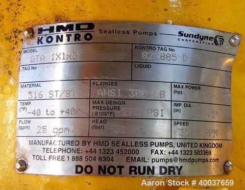 Used Kontro Centrifugal Pump, Model GTA1X1X5, 316 Stainless steel. Rated 25 gallons per minute at 31' head at -40 to 400 deg F at 275 psi at 3500 rpm. 1'' inlet/outlet. Impeller diameter 3.5''. Drive...