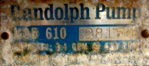 Used Randolph Peristaltic Hose Pump, Model 610, Aluminum Housing. Two (2) tube sizes. 1/2" tubing rated 190 gallons per hour at 400 RPM, 3/8" tubing rated 110 gallons per hour at 400 RPM. Driven by a...