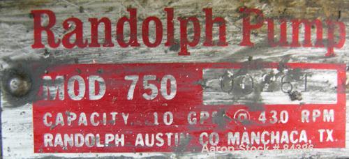 Used Randolph Peristalic Pump, Model 750, Carbon Steel. Hose capacities 1-1/16" OD, 3/4" ID to 15/16" OD, 5/8" ID. Rated 10 gallons per minute at 430 rpm. Driven by a 1/2 hp, 1/60/115/208-230 volt, 1...