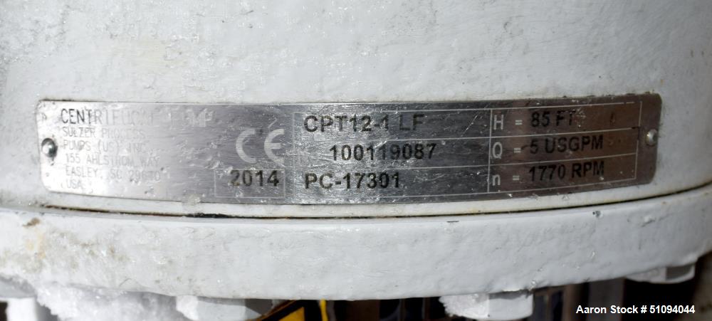 Used Sulzer CPT Chemical Centrifugal Pump, Model CPT12-1-LF, Stainless Steel. Rated 5 gallons per minute at 85 head at 1770 rpm. Driven by a 1.5hp, 3/60/208-230/460 volt, 1740 rpm motor. Serial# 1001...