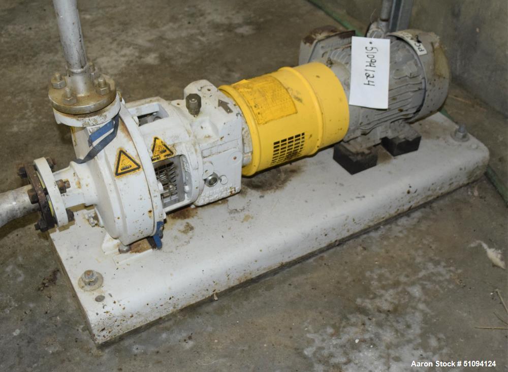Used Sulzer CPT Chemical Centrifugal Pump, Model CPT12-1-LF, Stainless Steel. Rated 10 gallons per minute at 85 head at 1770 rpm. Driven by a 2hp, 3/60/208-230/460 volt, 1740 rpm motor. Serial# 10011...