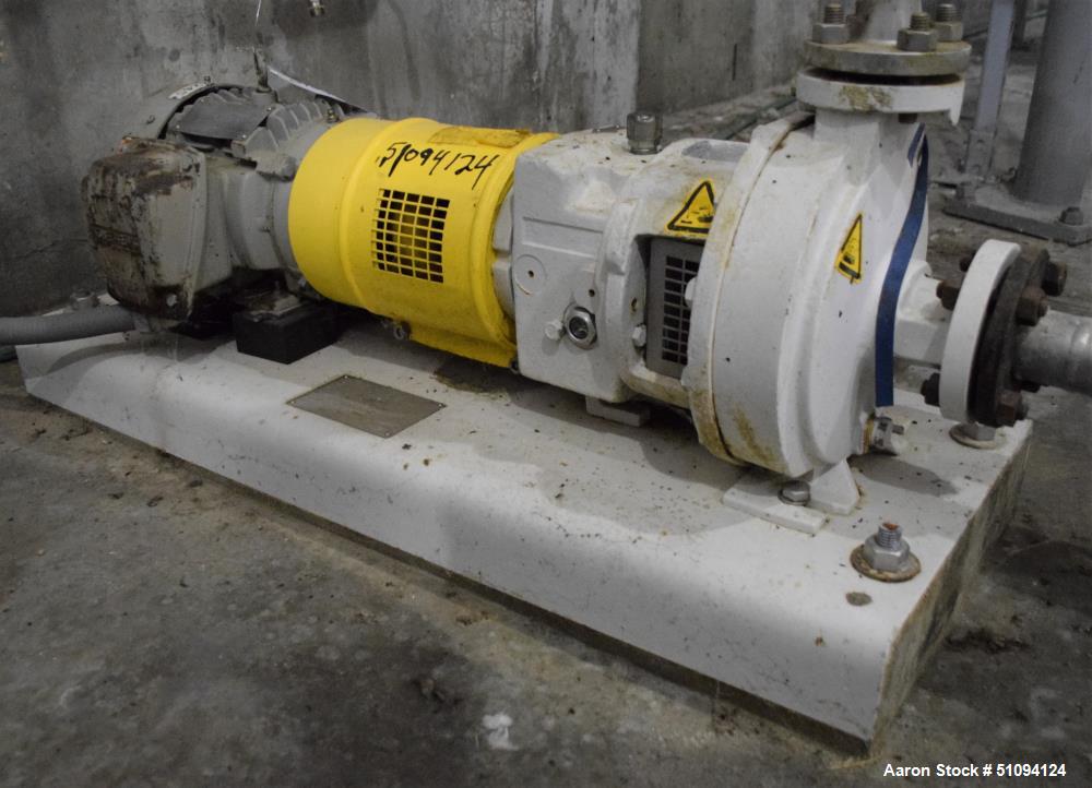 Used Sulzer CPT Chemical Centrifugal Pump, Model CPT12-1-LF, Stainless Steel. Rated 10 gallons per minute at 85 head at 1770 rpm. Driven by a 2hp, 3/60/208-230/460 volt, 1740 rpm motor. Serial# 10011...