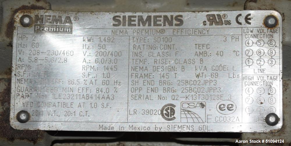 Used Sulzer CPT Chemical Centrifugal Pump, Model CPT12-1-LF, Stainless Steel. Rated 10 gallons per minute at 85 head at 1770 rpm. Driven by a 2hp, 3/60/208-230/460 volt, 1740 rpm motor. Serial# 10011...