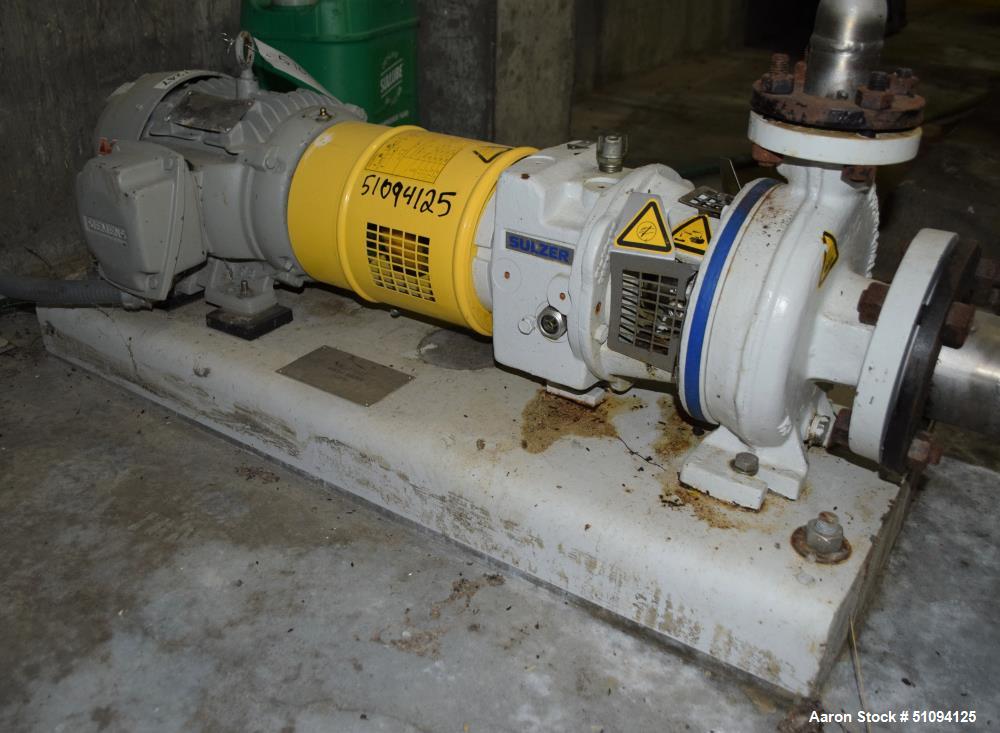 Used Sulzer CPT Chemical Centrifugal Pump, Model CPT12-1-LF, Stainless Steel. Rated 50 gallons per minute at 85 head at 3525 rpm. Driven by a 5hp, 3/60/208-230/460 volt, 3505 rpm motor. Serial# 10011...