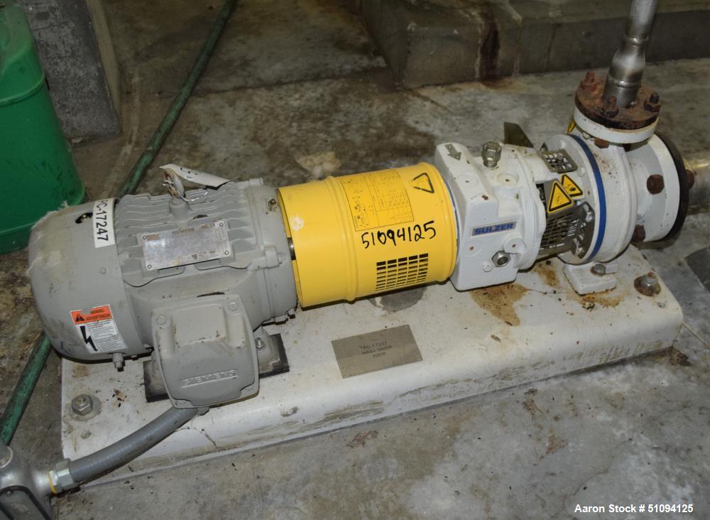 Used Sulzer CPT Chemical Centrifugal Pump, Model CPT12-1-LF, Stainless Steel. Rated 50 gallons per minute at 85 head at 3525 rpm. Driven by a 5hp, 3/60/208-230/460 volt, 3505 rpm motor. Serial# 10011...