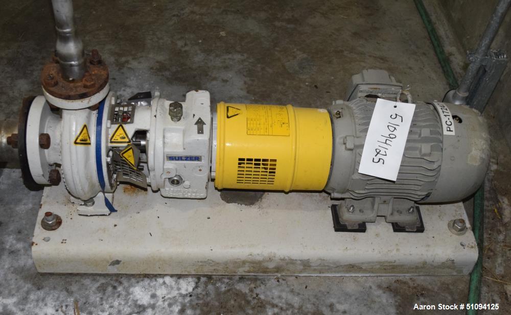 Used Sulzer CPT Chemical Centrifugal Pump, Model CPT12-1-LF, Stainless Steel. Rated 50 gallons per minute at 85 head at 3525 rpm. Driven by a 5hp, 3/60/208-230/460 volt, 3505 rpm motor. Serial# 10011...