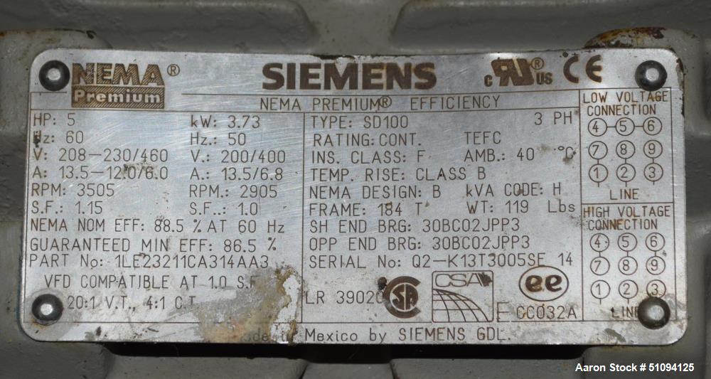 Used Sulzer CPT Chemical Centrifugal Pump, Model CPT12-1-LF, Stainless Steel. Rated 50 gallons per minute at 85 head at 3525 rpm. Driven by a 5hp, 3/60/208-230/460 volt, 3505 rpm motor. Serial# 10011...