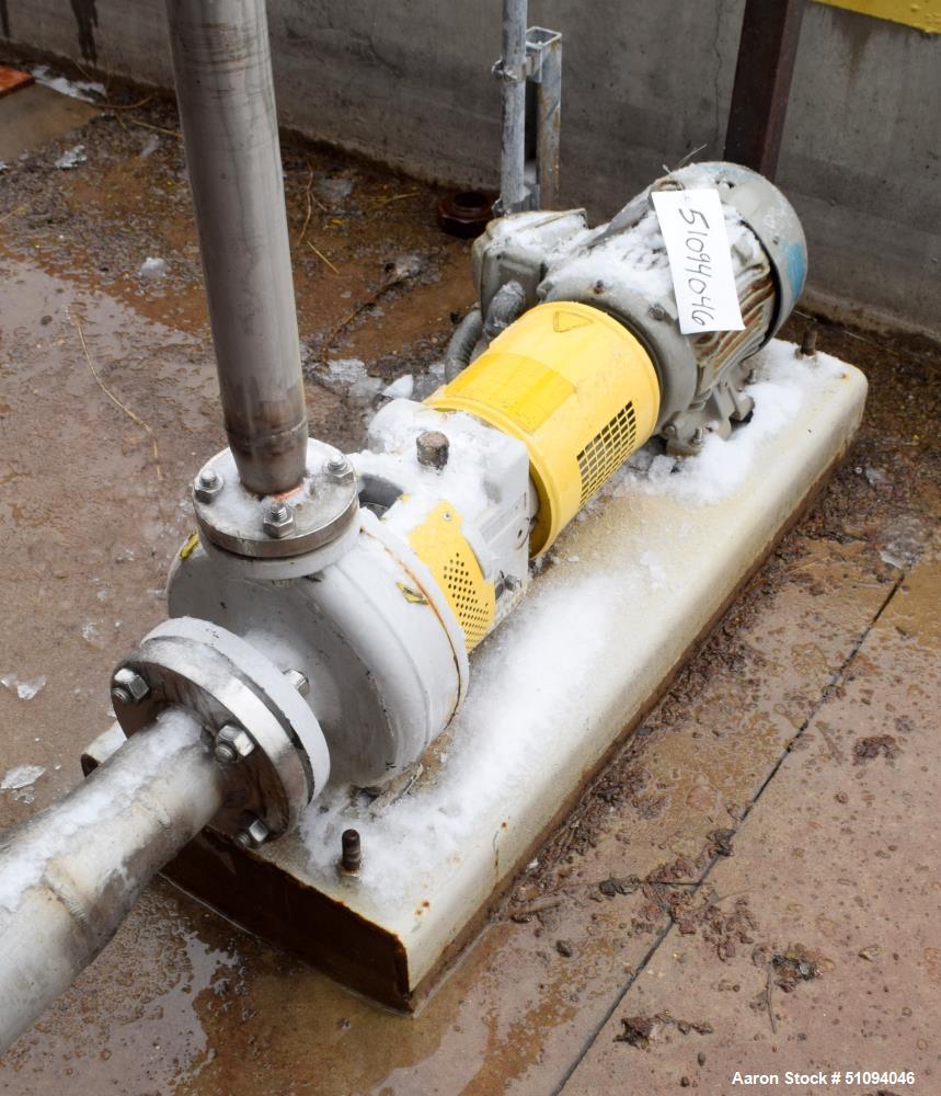 Used Sulzer CPT Chemical Centrifugal Pump, Model CPT12-1B, Stainless Steel. Rated 50 gallons per minute at 55 head at 1770 rpm. Driven by a 3hp, 3/60/208-230/460 volt, 1760 rpm motor. Serial# 1001190...