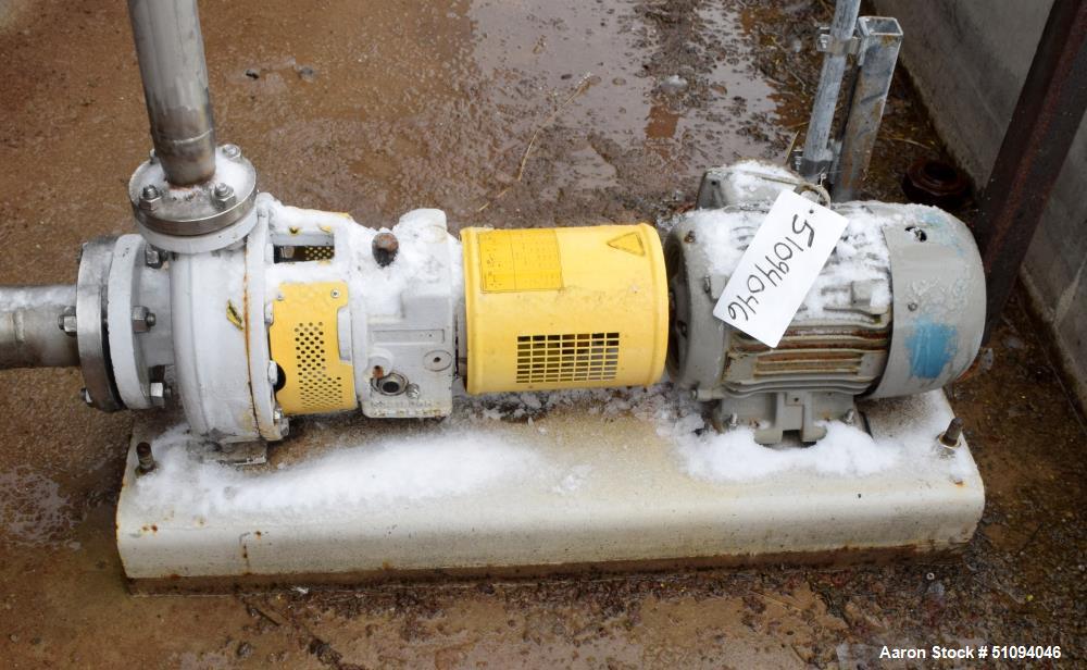 Used Sulzer CPT Chemical Centrifugal Pump, Model CPT12-1B, Stainless Steel. Rated 50 gallons per minute at 55 head at 1770 rpm. Driven by a 3hp, 3/60/208-230/460 volt, 1760 rpm motor. Serial# 1001190...