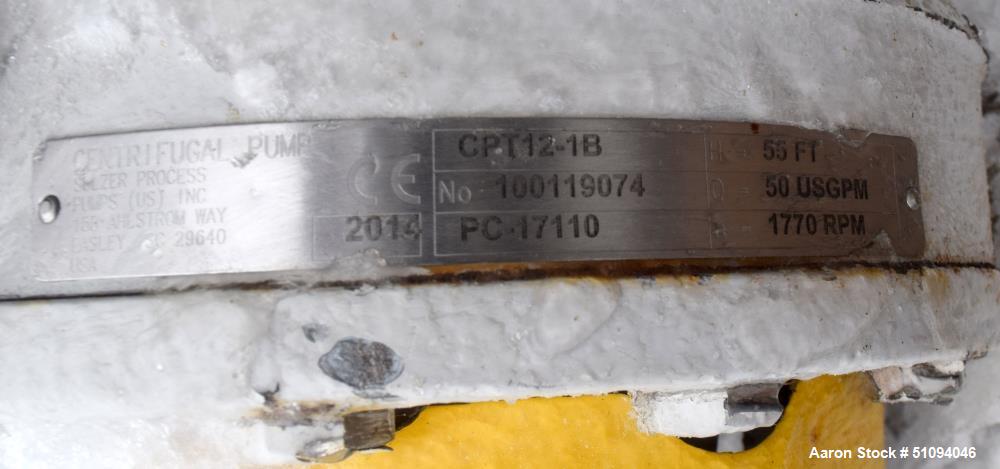 Used Sulzer CPT Chemical Centrifugal Pump, Model CPT12-1B, Stainless Steel. Rated 50 gallons per minute at 55 head at 1770 rpm. Driven by a 3hp, 3/60/208-230/460 volt, 1760 rpm motor. Serial# 1001190...