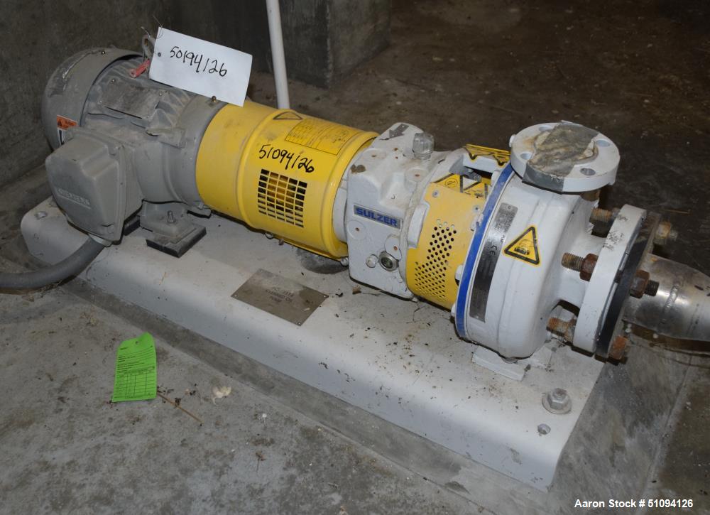 Used Sulzer CPT Chemical Centrifugal Pump, Model CPT12-1B, Stainless Steel. Rated 50 gallons per minute at 55 head at 1770 rpm. Driven by a 3hp, 3/60/208-230/460 volt, 3505 rpm motor. Serial# 1001190...