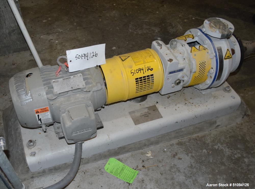 Used Sulzer CPT Chemical Centrifugal Pump, Model CPT12-1B, Stainless Steel. Rated 50 gallons per minute at 55 head at 1770 rpm. Driven by a 3hp, 3/60/208-230/460 volt, 3505 rpm motor. Serial# 1001190...