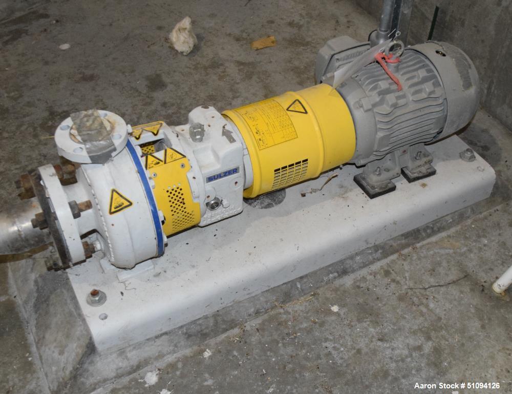 Used Sulzer CPT Chemical Centrifugal Pump, Model CPT12-1B, Stainless Steel. Rated 50 gallons per minute at 55 head at 1770 rpm. Driven by a 3hp, 3/60/208-230/460 volt, 3505 rpm motor. Serial# 1001190...