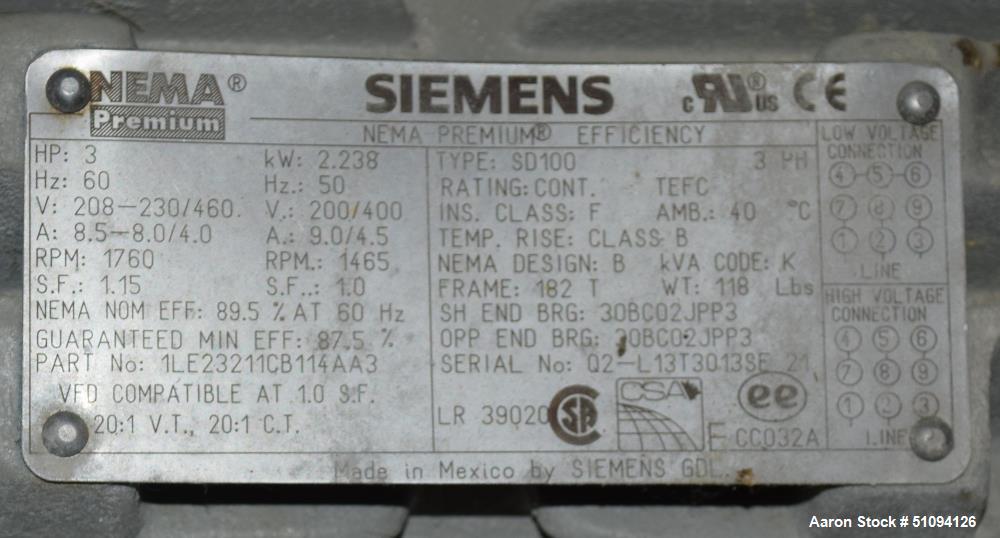 Used Sulzer CPT Chemical Centrifugal Pump, Model CPT12-1B, Stainless Steel. Rated 50 gallons per minute at 55 head at 1770 rpm. Driven by a 3hp, 3/60/208-230/460 volt, 3505 rpm motor. Serial# 1001190...