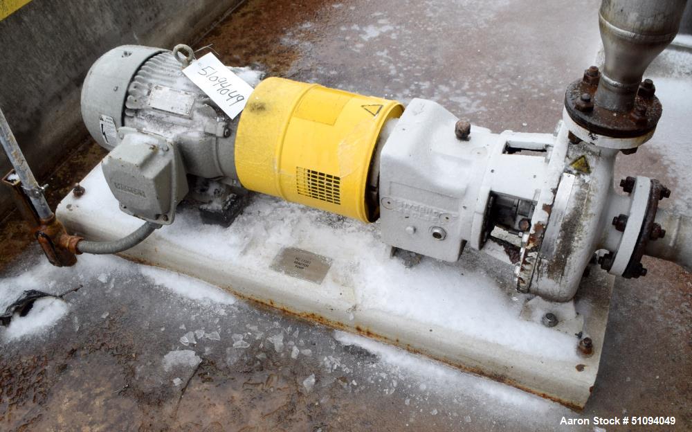 Used Sulzer CPT Chemical Centrifugal Pump, Model CPT22-2, Stainless Steel. Rated 300 gallons per minute at 55 head at 1770 rpm. Driven by a 7.5hp, 3/60/208-230/460 volt, 1765 rpm motor. Serial# 10011...