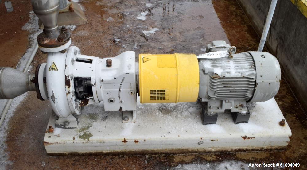 Used Sulzer CPT Chemical Centrifugal Pump, Model CPT22-2, Stainless Steel. Rated 300 gallons per minute at 55 head at 1770 rpm. Driven by a 7.5hp, 3/60/208-230/460 volt, 1765 rpm motor. Serial# 10011...