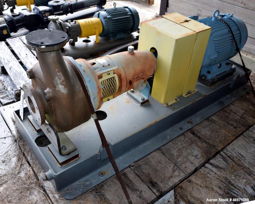 Unused- Toyo Centrifugal Pump, Model DEH-72-80-PF4-CD4-D#, Stainless Steel. Rated 200 gallons per minute at 126’ head at 1660 rpm. 4” Inlet, 3” outlet, impeller diameter 11.1”, maximum solid size 1.2...