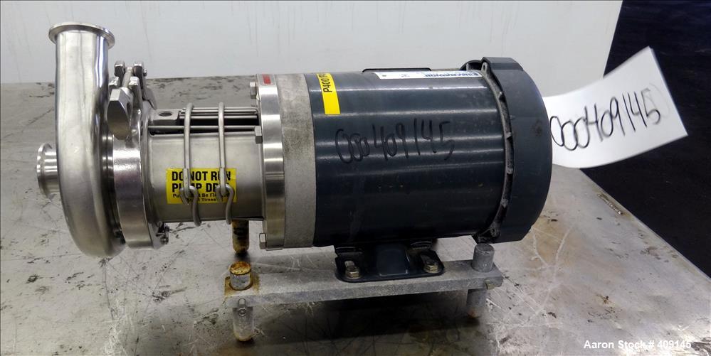 Used Top-Flo Centrifugal Pump, Model C114-56C, 316 Stainless Steel. Approximate 40 gallons per minute at 40' head. 2" Tri-clamp inlet, 1-1/2" tri-clamp outlet. Driven by a 1-1/2hp, 3/60/208-230/460 v...