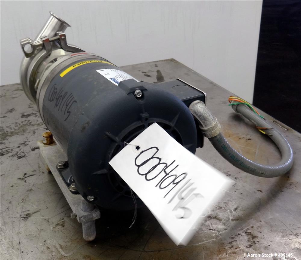 Used Top-Flo Centrifugal Pump, Model C114-56C, 316 Stainless Steel. Approximate 40 gallons per minute at 40' head. 2" Tri-clamp inlet, 1-1/2" tri-clamp outlet. Driven by a 1-1/2hp, 3/60/208-230/460 v...