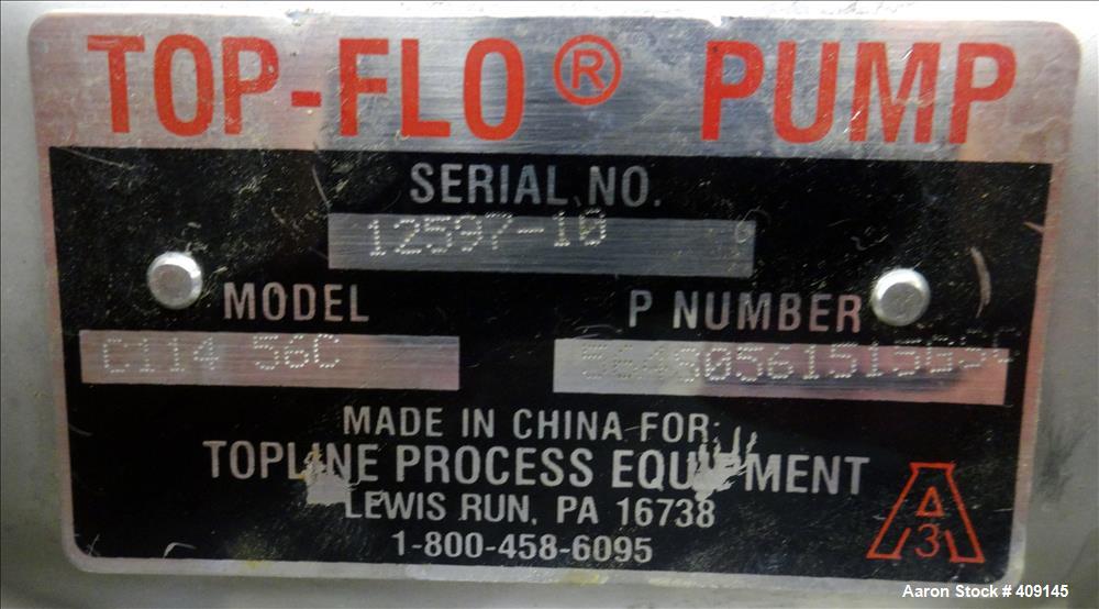 Used Top-Flo Centrifugal Pump, Model C114-56C, 316 Stainless Steel. Approximate 40 gallons per minute at 40' head. 2" Tri-clamp inlet, 1-1/2" tri-clamp outlet. Driven by a 1-1/2hp, 3/60/208-230/460 v...