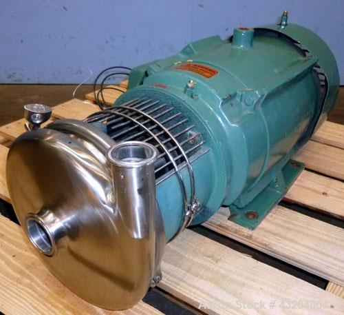 Used Tri-Clover Centrifugal Pump, Model C216MD25T-S-KX, Stainless Steel. 2’’ Tri-clamp inlet, 1-1/2’’ tri-clamp outlet.Approximate capacity 220 gallons per minute at 110’ head.Driven by a 15 hp, 3/60...