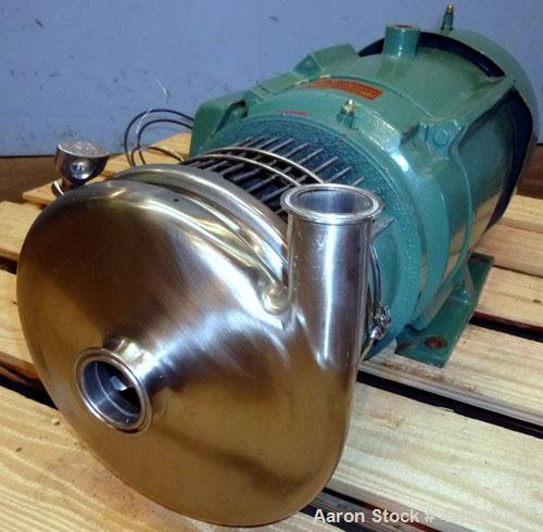 Used Tri-Clover Centrifugal Pump, Model C216MD25T-S-KX, Stainless Steel. 2’’ Tri-clamp inlet, 1-1/2’’ tri-clamp outlet.Approximate capacity 220 gallons per minute at 110’ head.Driven by a 15 hp, 3/60...