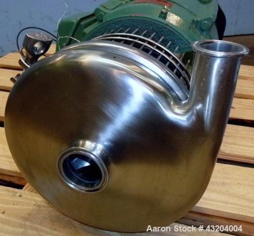 Used Tri-Clover Centrifugal Pump, Model C216MD25T-S-KX, Stainless Steel. 2’’ Tri-clamp inlet, 1-1/2’’ tri-clamp outlet.Approximate capacity 220 gallons per minute at 110’ head.Driven by a 15 hp, 3/60...