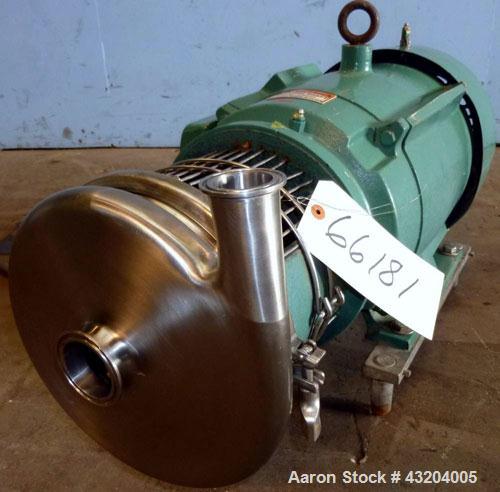 Used Tri-Clover Centrifugal Pump, Model C216MD25T-S-KX, Stainless Steel. 2’’ Tri-clamp inlet, 1-1/2’’ tri-clamp outlet.Approximate capacity 220 gallons per minute at 110’ head.Driven by a 15 hp, 3/60...