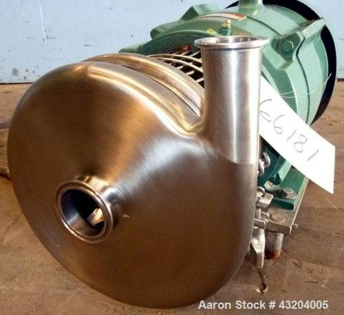 Used Tri-Clover Centrifugal Pump, Model C216MD25T-S-KX, Stainless Steel. 2’’ Tri-clamp inlet, 1-1/2’’ tri-clamp outlet.Approximate capacity 220 gallons per minute at 110’ head.Driven by a 15 hp, 3/60...