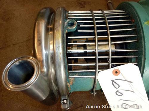 Used Tri-Clover Centrifugal Pump, Model C216MD25T-S-KX, Stainless Steel. 2’’ Tri-clamp inlet, 1-1/2’’ tri-clamp outlet.Approximate capacity 220 gallons per minute at 110’ head.Driven by a 15 hp, 3/60...