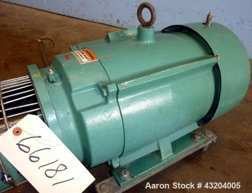 Used Tri-Clover Centrifugal Pump, Model C216MD25T-S-KX, Stainless Steel. 2’’ Tri-clamp inlet, 1-1/2’’ tri-clamp outlet.Approximate capacity 220 gallons per minute at 110’ head.Driven by a 15 hp, 3/60...