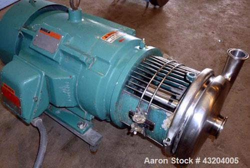 Used Tri-Clover Centrifugal Pump, Model C216MD25T-S-KX, Stainless Steel. 2’’ Tri-clamp inlet, 1-1/2’’ tri-clamp outlet.Approximate capacity 220 gallons per minute at 110’ head.Driven by a 15 hp, 3/60...