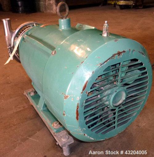 Used Tri-Clover Centrifugal Pump, Model C216MD25T-S-KX, Stainless Steel. 2’’ Tri-clamp inlet, 1-1/2’’ tri-clamp outlet.Approximate capacity 220 gallons per minute at 110’ head.Driven by a 15 hp, 3/60...