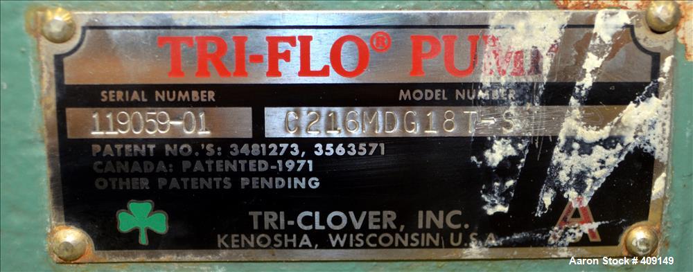 Used Tri-Clover Centrifugal Pump, Model C216MDG18T-S, 316 Stainless Steel. Approximate 80 gallons per minute at 100' head. 2" Tri-clamp inlet, 1-1/2" tri-clamp outlet. Driven by a 5hp, 3/60/208-230/4...