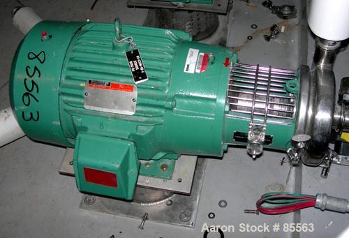 USED: Tri Clover centrifugal pump, model C216MDG21TL20C4V04Y22PL, 316 stainless steel. 6" impeller, 2" tri clamp inlet, 1-1/2" tri clamp outlet. Approximate capacity 100 gallons per minute at 170' he...