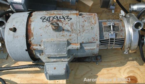 USED: Tri Clover centrifugal pump, model C216MD21TS, 316 stainless steel. 2-1/2" diameter tri-clamp inlet, 2" tri-clamp outlet. Approximate capacity 150 gallons per minute. 6" diameter impeller. Driv...