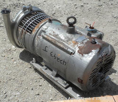 Used Tri-CloverCentrifugalPump, Model C218MD18T-S,316 stainless steel.2" Tri-clamp inlet, 1-1/2" tri-clamp outlet. 6-1/2" Diameter impeller. Approximate capacity 180 gallons per minute at 40' head. D...