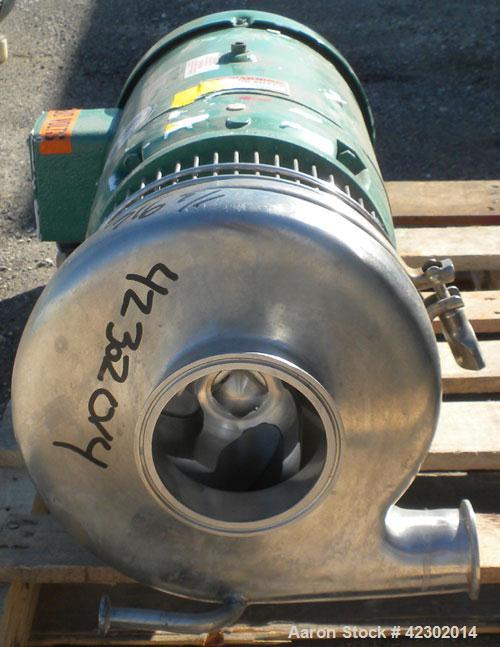 Used Tri-Clover Tri-Flo Centrifugal Pump, model C328MD18T-S, 316 stainless steel. 4" sanitary inlet, 2" sanitary outlet. 8" diameter impeller. Approximate capacity 300 gallons per minute at 65' head....