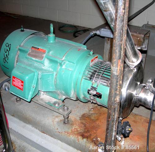 USED: Tri Clover centrifugal pump, model C328MDG2STS, 316 stainless steel. 8" impeller, 3" tri clamp inlet, 2" tri clamp outlet. Approximate capacity 100 gallons per minute at 300' head. Driven by a ...