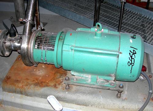 USED: Tri Clover centrifugal pump, model C328MDG2STS, 316 stainless steel. 8" impeller, 3" tri clamp inlet, 2" tri clamp outlet. Approximate capacity 100 gallons per minute at 300' head. Driven by a ...