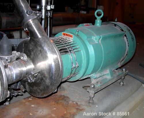 USED: Tri Clover centrifugal pump, model C328MDG2STS, 316 stainless steel. 8" impeller, 3" tri clamp inlet, 2" tri clamp outlet. Approximate capacity 100 gallons per minute at 300' head. Driven by a ...