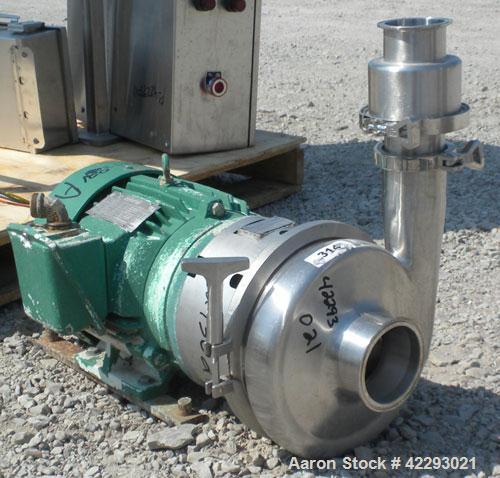 Used Tri-Clover Centrifugal Pump, model C439MDG21TA-S, 316 stainless steel. Approximately 400 gallons per minute at 250' head. 4" Tri-clamp inlet, 3" tri-clamp outlet. 8-1/2" impeller diameter. Drive...
