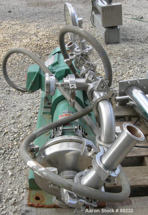 USED: Tri Clover centrifugal pump, model SP216MY-S, 316 stainless steel. Approximate 6" impeller, 2" tri clamp inlet, 1-1/2" tri clamp outlet. Approximate capacity 80 gallons per minute at 65' head. ...