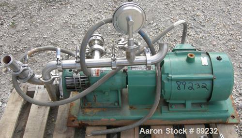 USED: Tri Clover centrifugal pump, model SP216MY-S, 316 stainless steel. Approximate 6" impeller, 2" tri clamp inlet, 1-1/2" tri clamp outlet. Approximate capacity 80 gallons per minute at 65' head. ...
