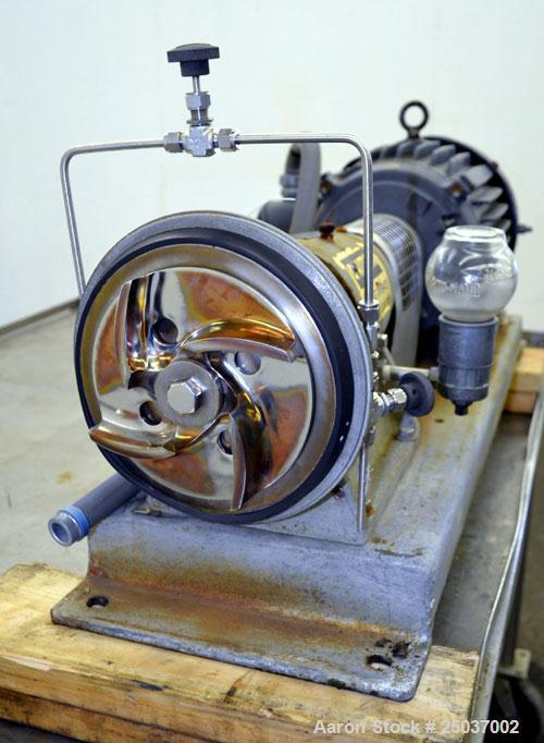 Used Tri-Clover Centrifugal Pump, Model SP218M-9237-40, 316 Stainless Steel. Unit missing front cover. Driven by a 10 hp, 3/60/460 volt, 3510 rpm motor. Mounted on a carbon steel base.