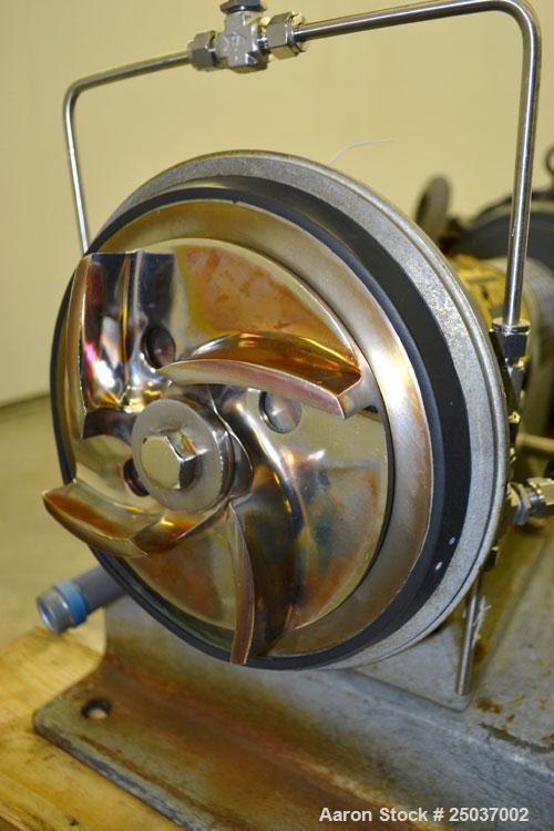 Used Tri-Clover Centrifugal Pump, Model SP218M-9237-40, 316 Stainless Steel. Unit missing front cover. Driven by a 10 hp, 3/60/460 volt, 3510 rpm motor. Mounted on a carbon steel base.