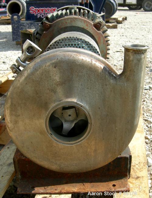 Used- Tri-Clover Centrifugal Pump, Model SP218ME20ND01U17SP, 316 Stainless Steel. 6" impeller, 3" tri clamp inlet, 1-1/2" tr...