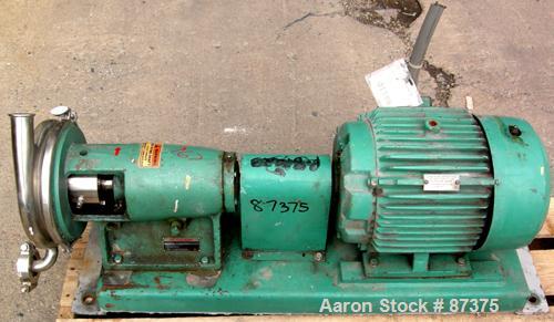 Used Tri-Clover Centrifugal Pump, Model SP18MH-S, 316 Stainless Steel. Rated approximately 60 gallons per minute at 200' head, 8" diameter impeller. 2" Tri-clamp inlet, 1-1/2" tri-clamp outlet. Drive...