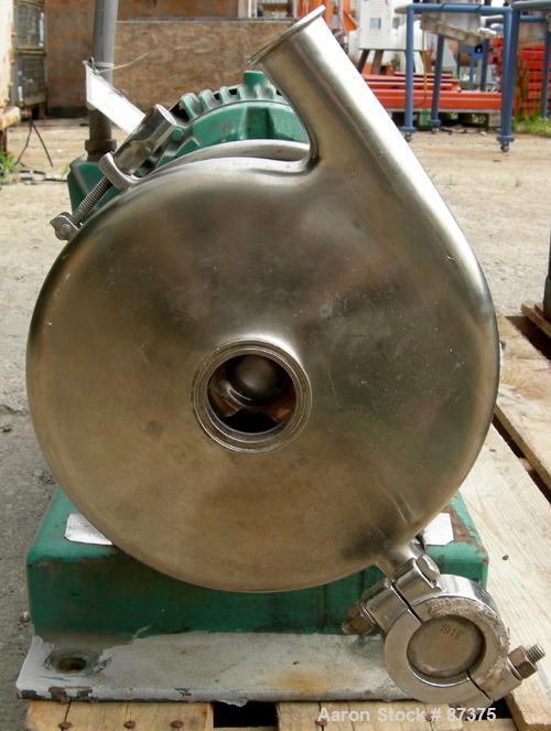 Used Tri-Clover Centrifugal Pump, Model SP18MH-S, 316 Stainless Steel. Rated approximately 60 gallons per minute at 200' head, 8" diameter impeller. 2" Tri-clamp inlet, 1-1/2" tri-clamp outlet. Drive...